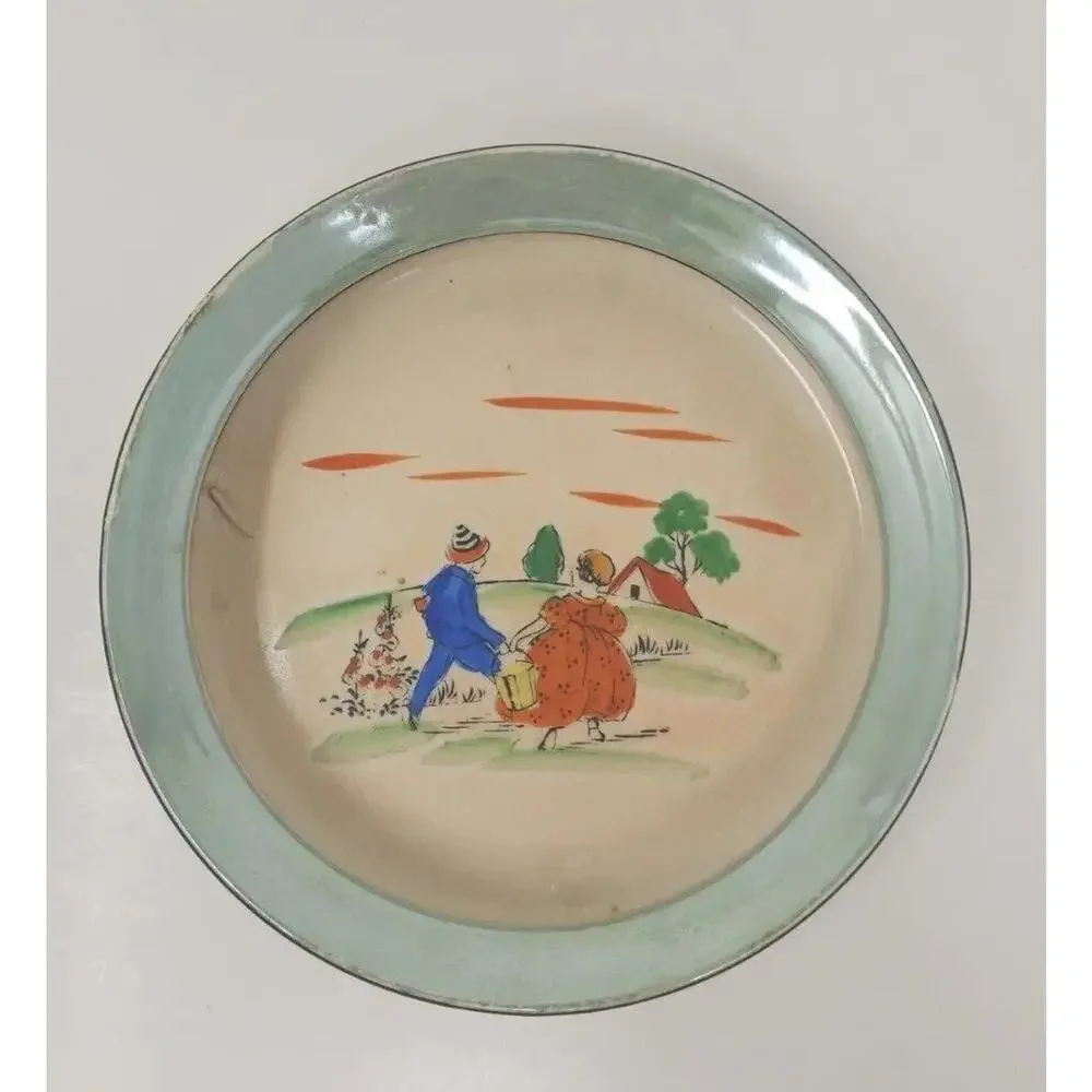 Vtg Child Baby Dish Bowl Nursery Rhyme Jack & Jill Green Lusterware 1940-50's U1